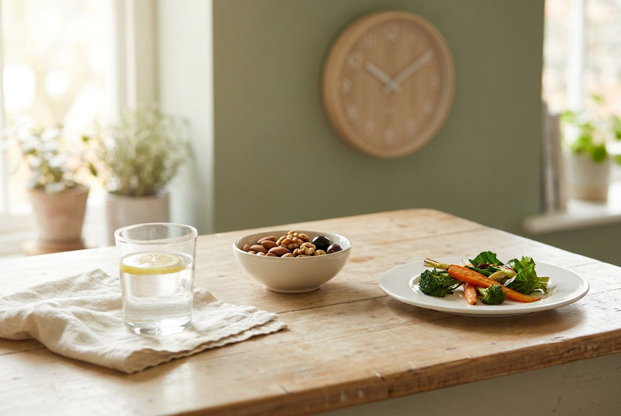 A glass of water, a bowl of nuts and olives and a plate of roasted vegetables set apart on a kitchen table, with a wall clock behind
