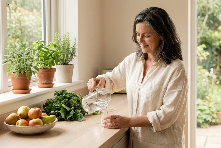 A woman in her fifties pouring water into a glass in a sunlit kitchen, with kale, spinach and fruit on the counter