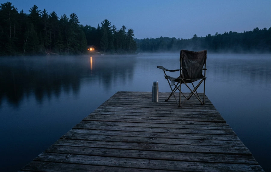 An empty chair and a thermos at the end of a wooden dock on a misty lake at dusk
