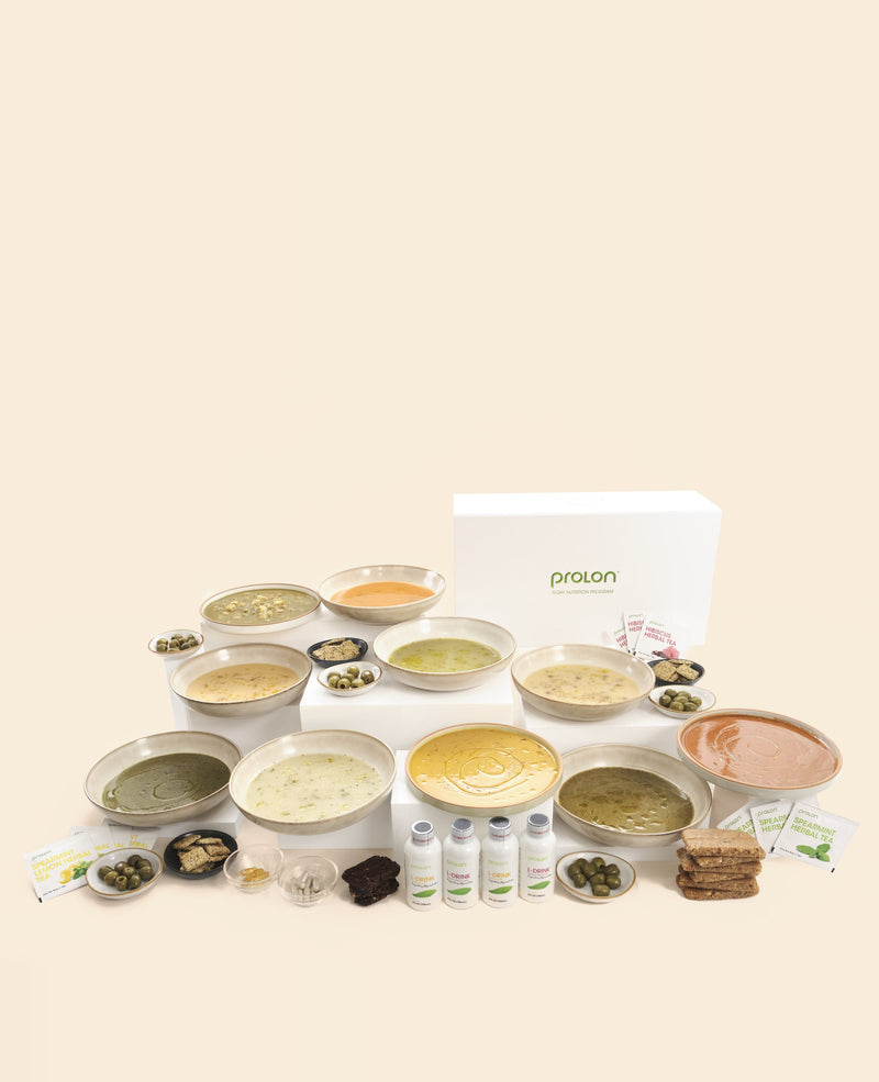Everything inside the Prolon 5-Day kit: plant-based soups, L-Drinks, nut bars, olives, kale crackers, supplements and herbal teas